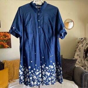 Blue Chambray Shirt Popover Dress White Flowers Plus Size 3X GardenCore